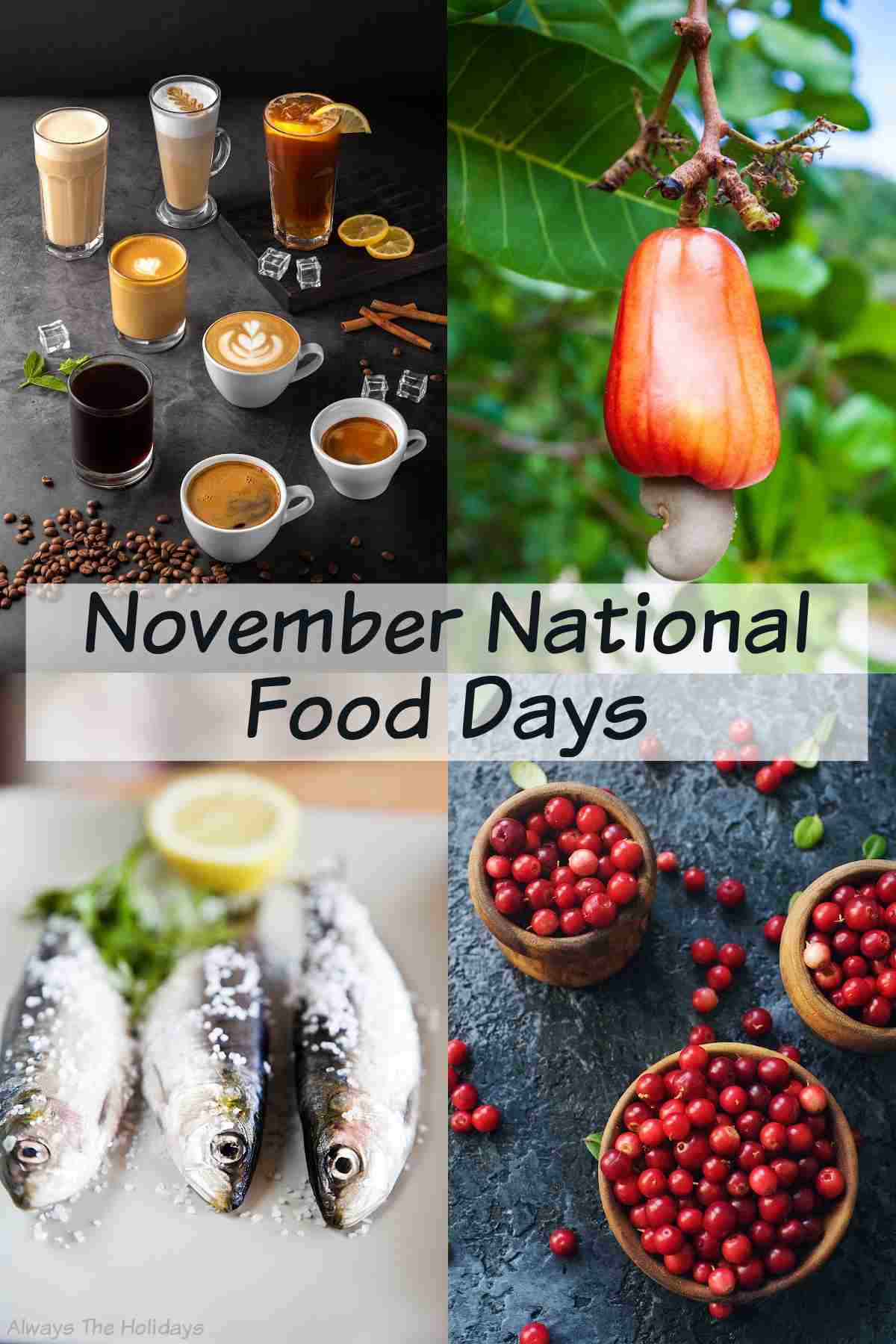 November national food day collage A rectangle of November national food days with four days being represented by images, the top left is National Espresso Day, the top right is National Cashew Day, the bottom left is National Sardine Day and the bottom right is National Eat a Cranberry Day.