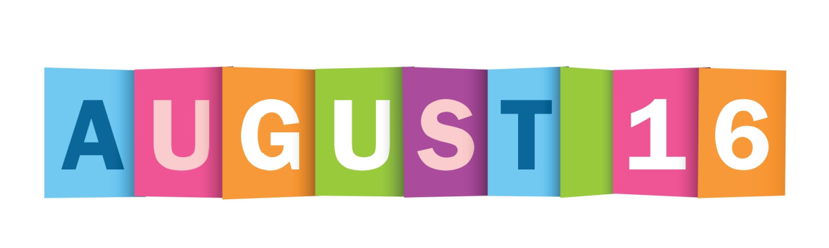 August 16 banner August 16 banner, where each letter and number has a different color background square and text color.