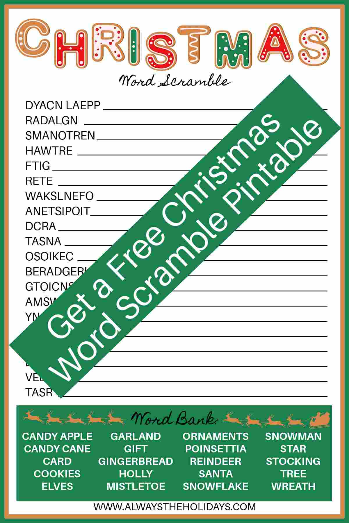 Get the free Christmas Word Scramble Puzzle A free Christmas word puzzle printable with a green banner across it reading get a free Christmas word scramble printable in white lettering.