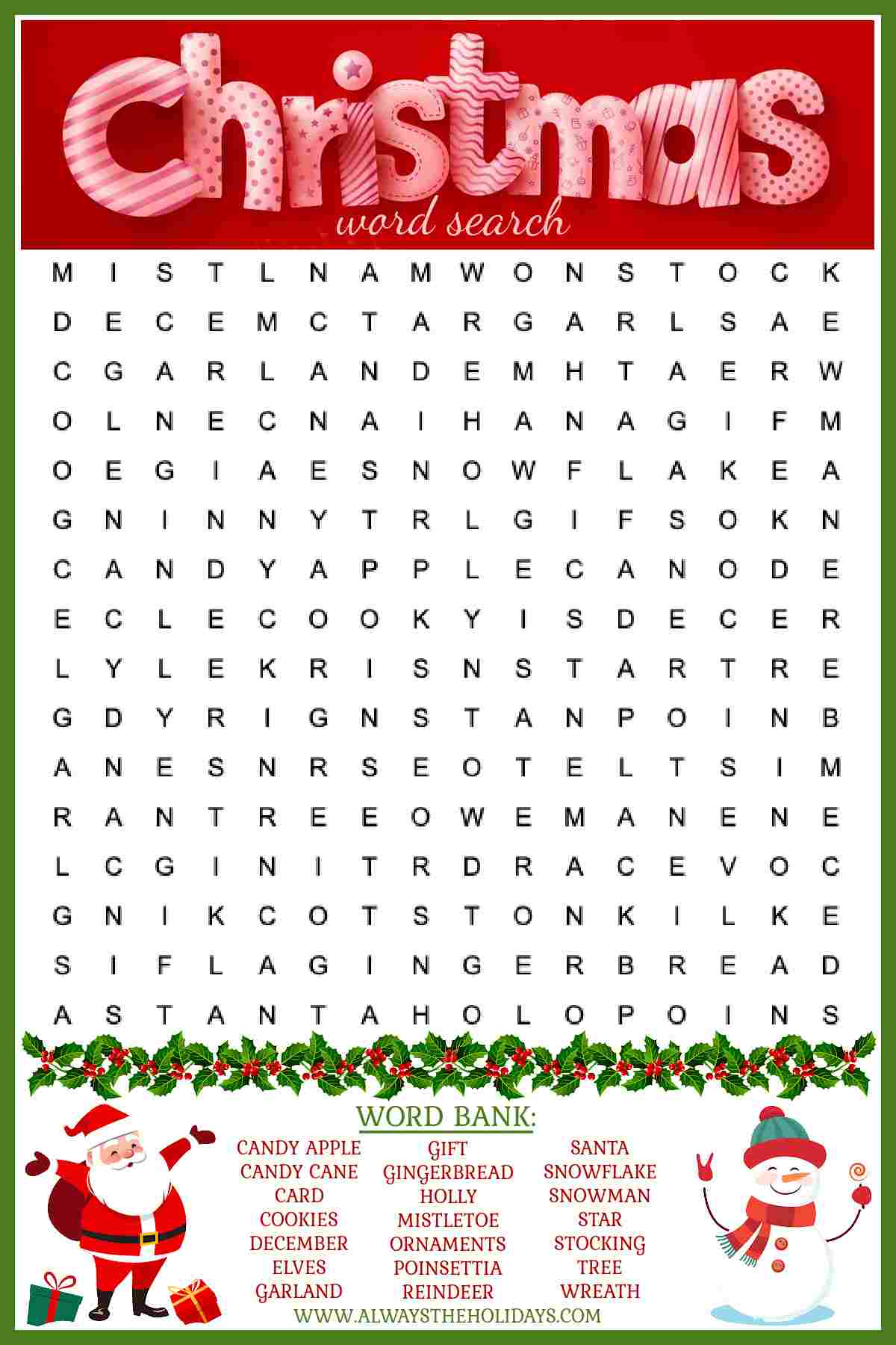 A free Christmas word search printable with the word "Christmas" at the top in red and white striped lettering, a word find in the middle, and a word bank at the bottom with Christmas vector graphics of a snowman and Santa.