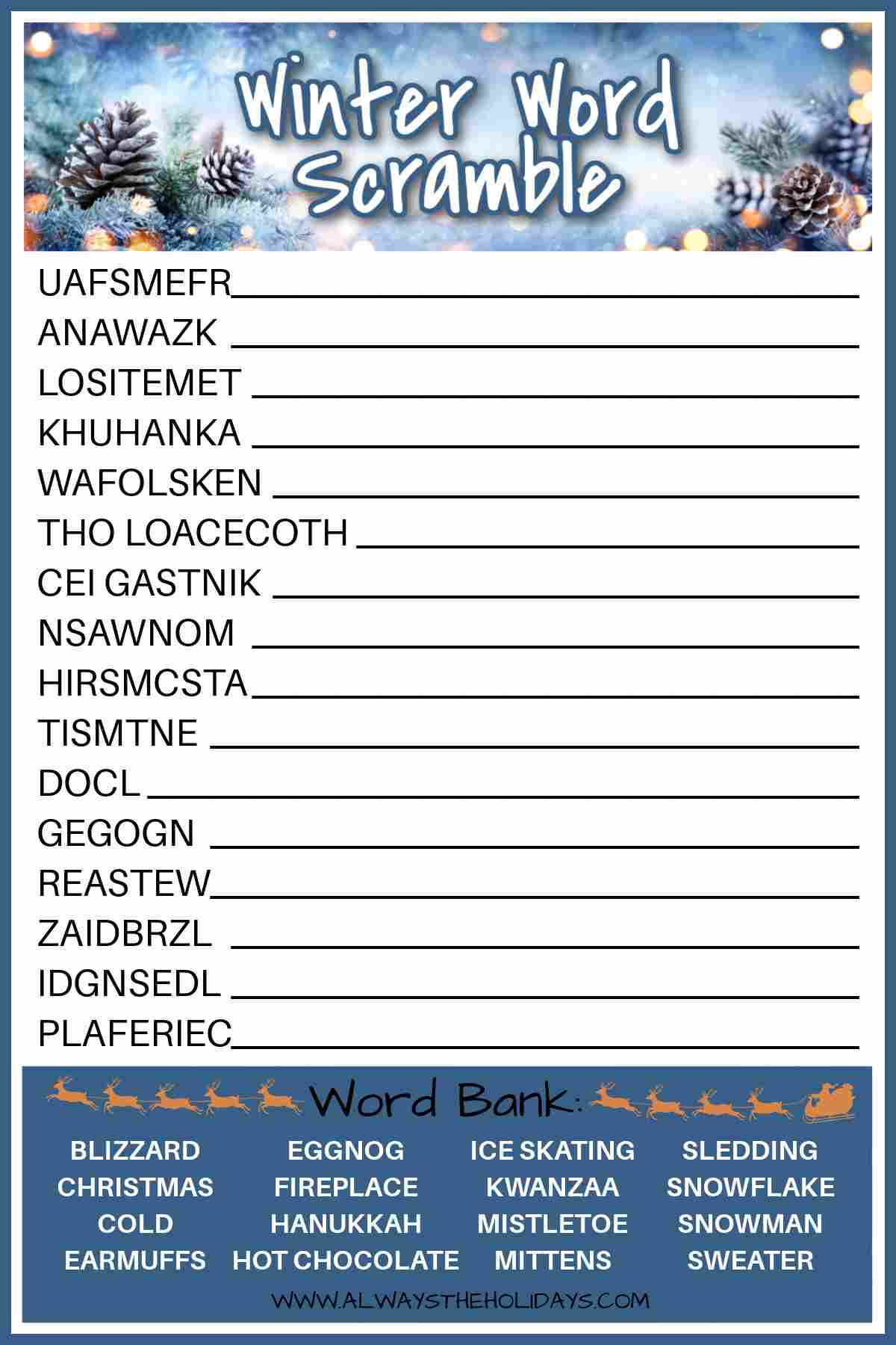 A winter printable word scramble puzzle with a word bank at the bottom, and a header that reads "winter word scramble" at the top.