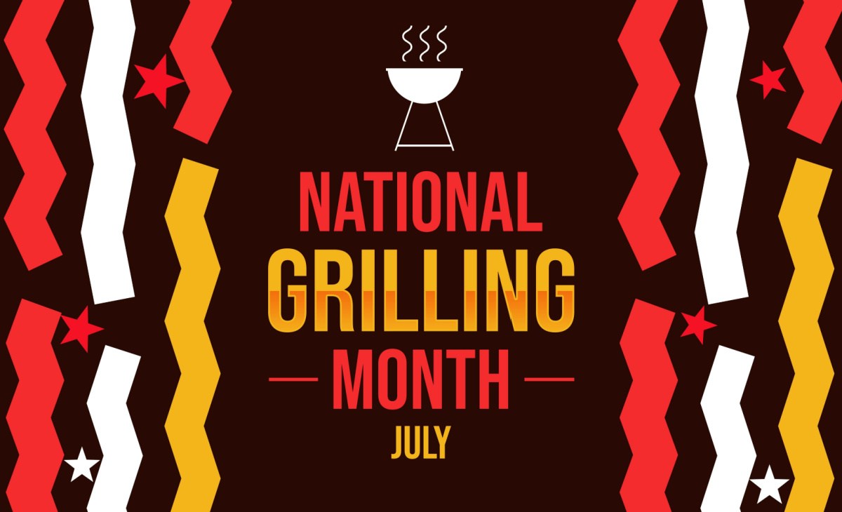 National Grilling Month graphic A brown background with yellow, white and red zig zag patterns around text that says "National Grilling Month, July".