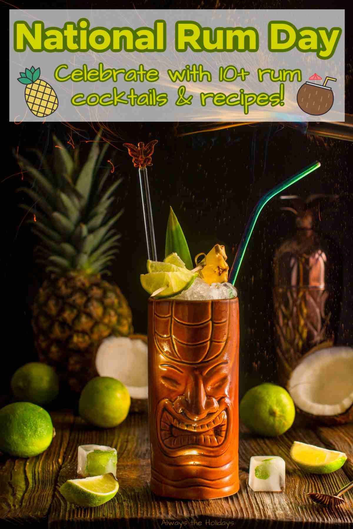 Celebrate National Rum Day with 10 Cocktails A tiki cocktail on a counter surrounded by limes, ice cubes, coconut halves, a pineapple and cocktail shaker, with text above it that reads "National Rum Day - celebrate with 10+ cocktails & recipes".