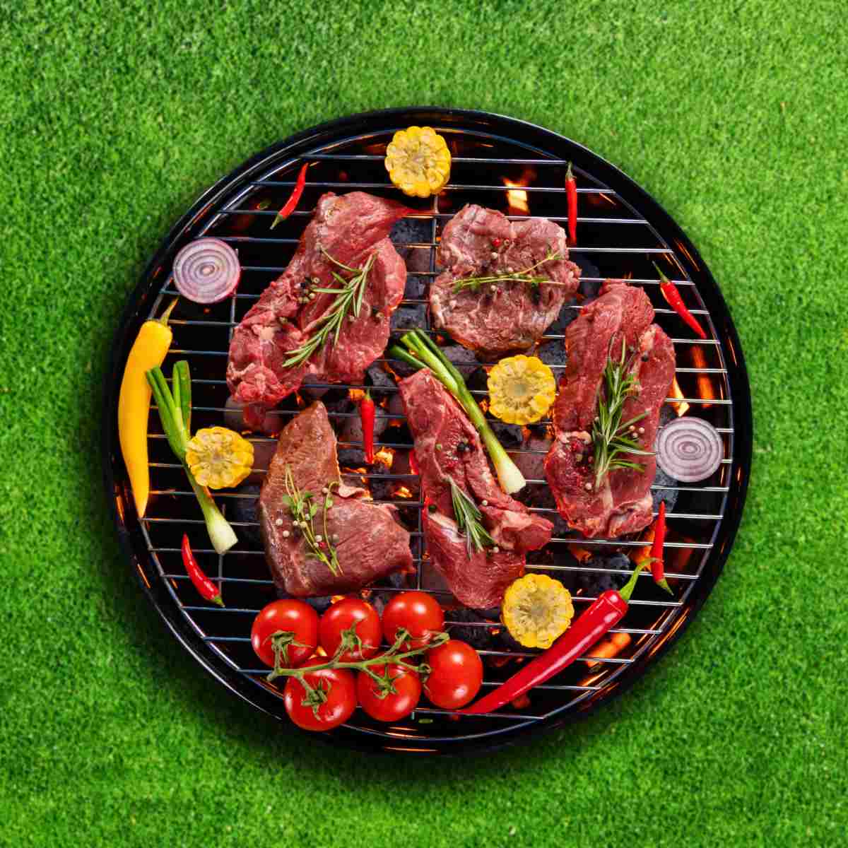 Grill filled with meat and veggies A charcoal grill on a green lawn with raw steaks and veggies cooking on the grill grate for National Grilling Day.