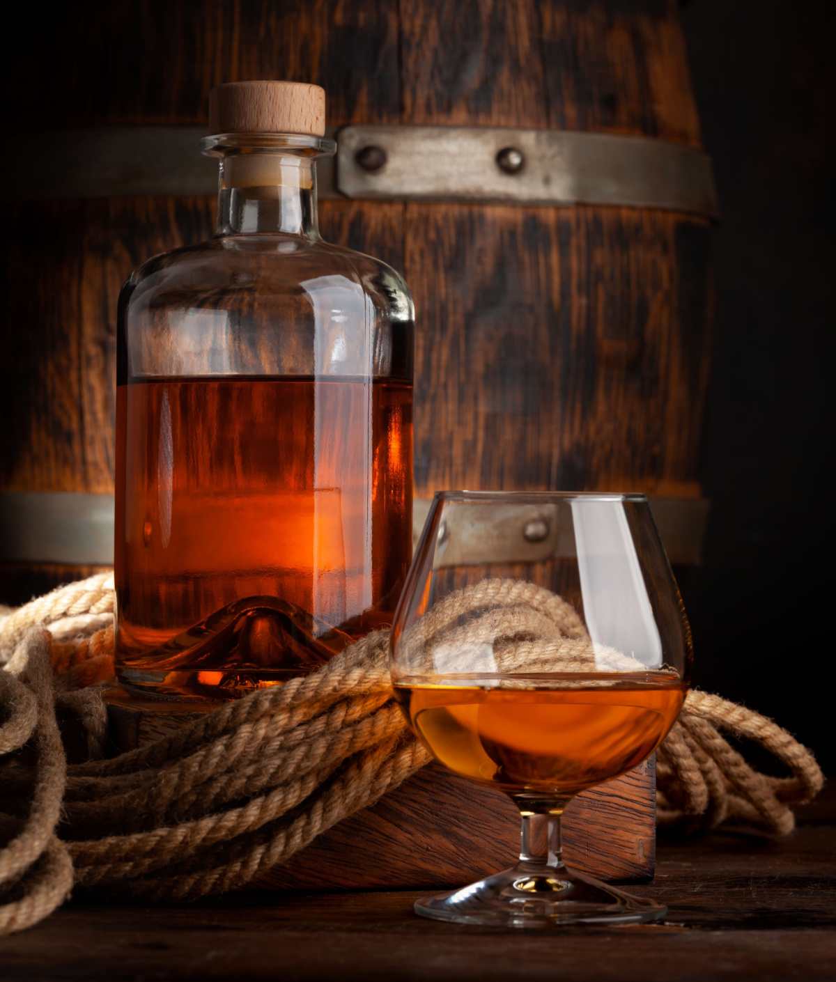 Rum in decanter A glass decanter of rum, with a sifter holding a pour of rum sitting in front of an oak barrel with a rope in the foreground.