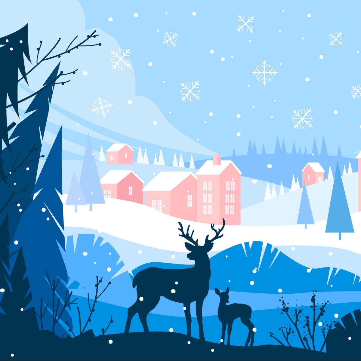 Winter scene A winter scene with pink buildings in the background, deer and pine trees in the foreground and snow falling over the scene.
