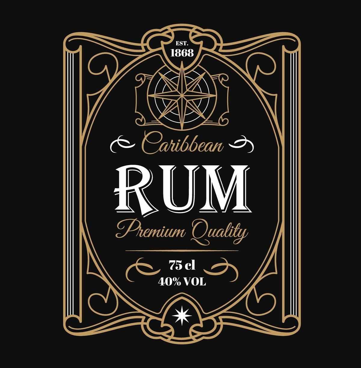 Black rum label A black rum label, consisting of golden filigree around the word rum in white letters on a black background.