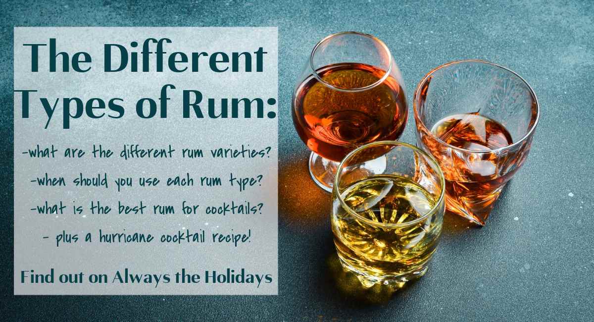 Different types of rum infographic A blue background with three shots of rum to the right and a text overlay about the different types of rum to the left side that reads "what are the different rum varieties, when should you use each rum type, what is the best rum for cocktails and a hurricane cocktail recipe".