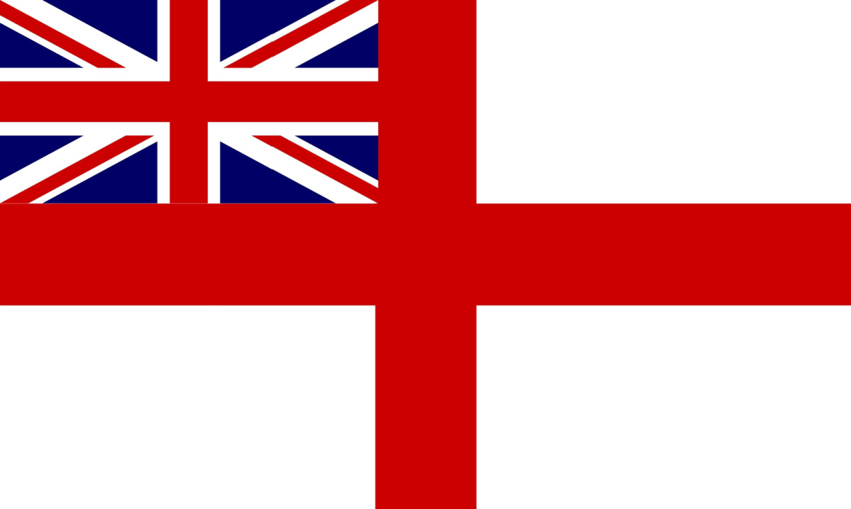 A White Ensign Flag which consists of a red cross on a white background with a Union Jack in the upper left corner of the white background.