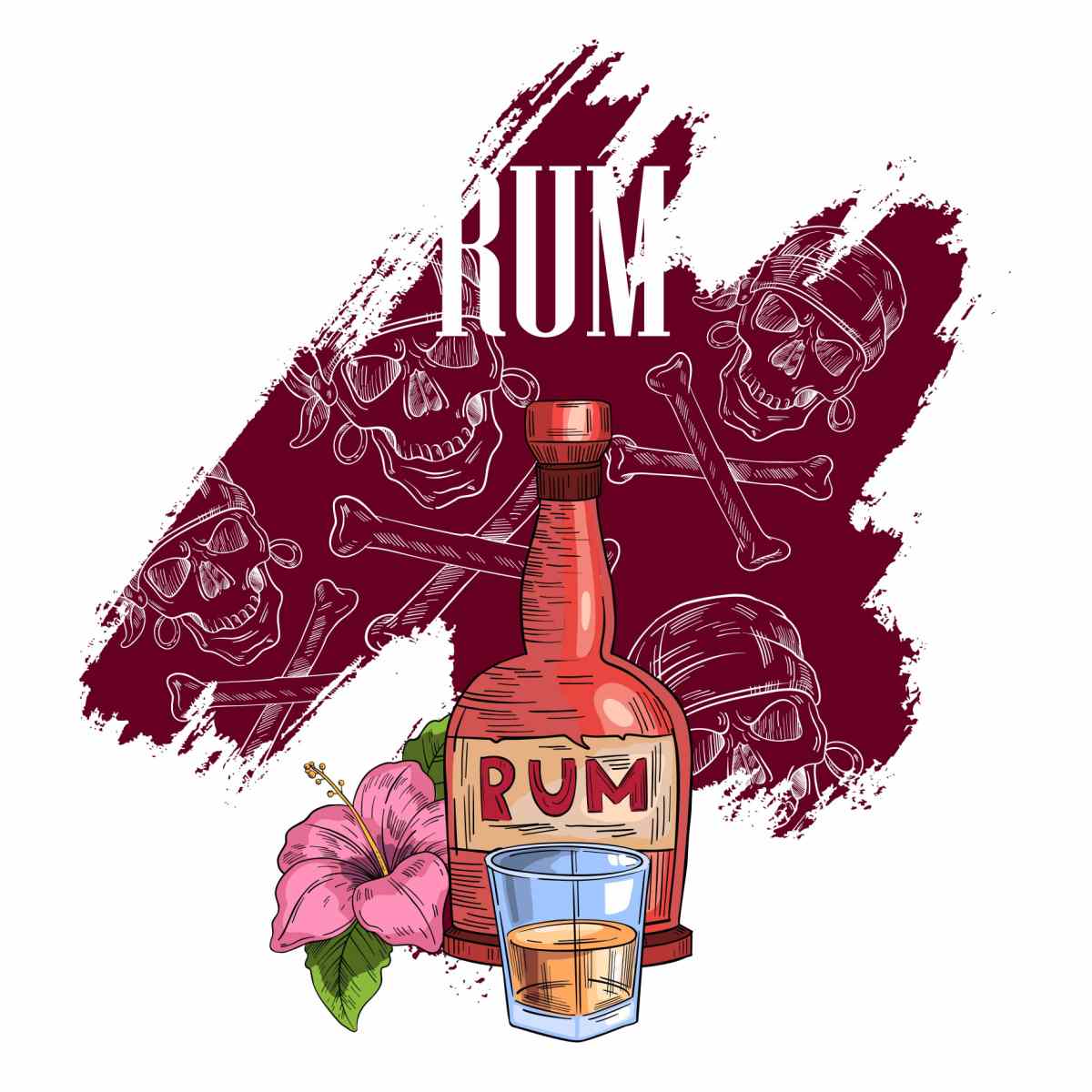 Rum graphic An illustration of a bottle of spiced rum with a shot glass in front of it, and a hibiscus flower to the left all against a maroon background with doodles of pirate on it and the word "rum" in white lettering.