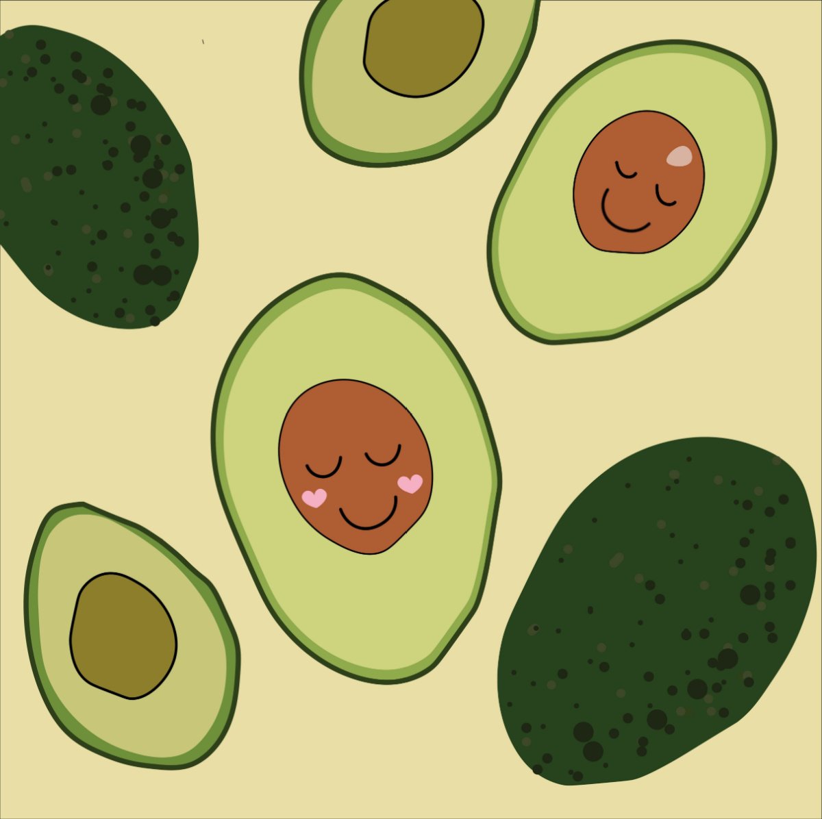 Happy avocados Cute cartoon avocados on a cream background, two of the avocado halves have smiling faces on the avocado pits.