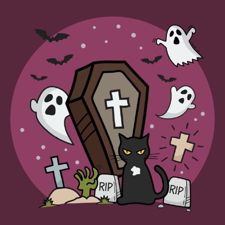 A purple background with a light purple circle in the middle, which contains a spooky scene of ghosts, coffins, tombstones, bats and a cat sith (which is a giant black cat with a white patch on its chest) sitting in the center.