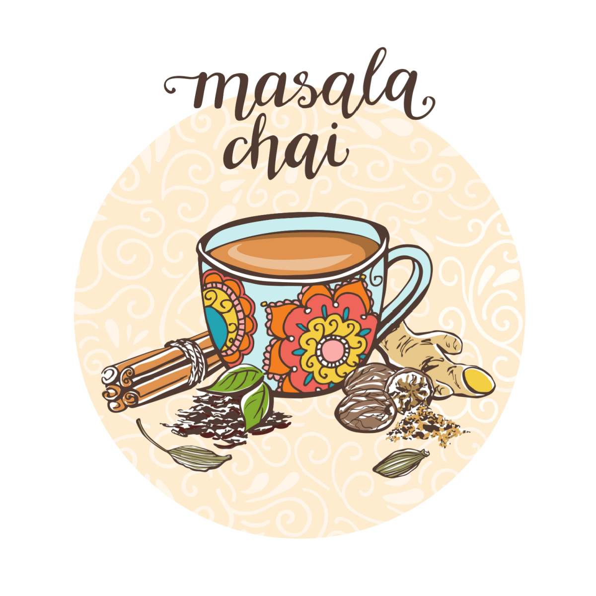 Masala chai graphic A cup of chai tea, with the words "masala chai" written above it, and various chai tea spices around it like cinnamon, ginger, cloves and green cardamom pods.