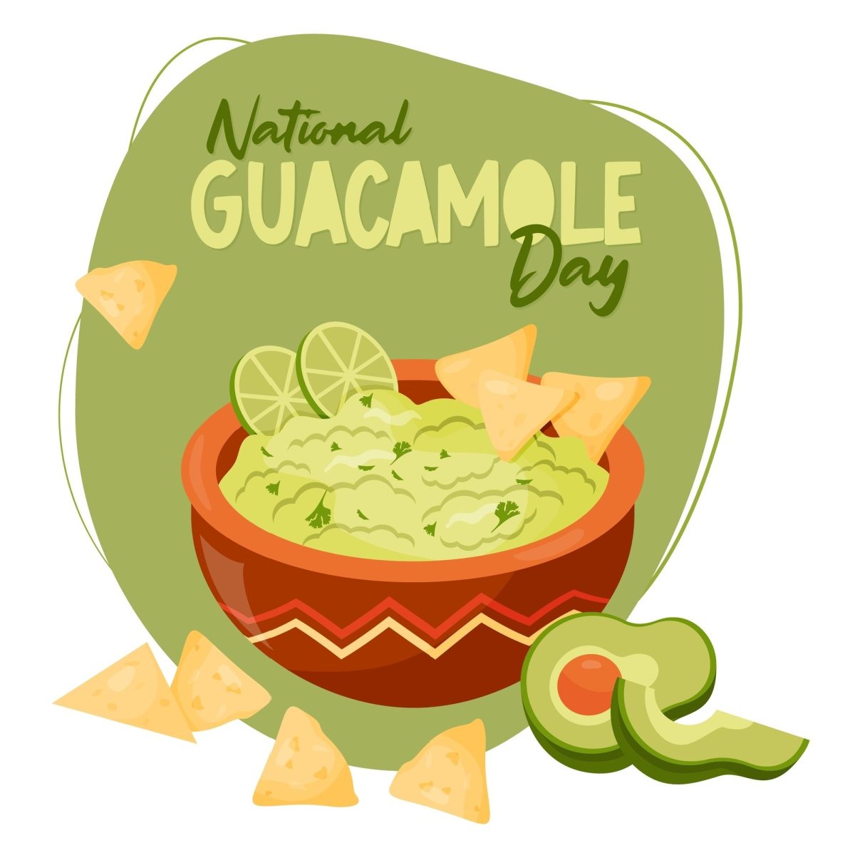 National Guacamole Day graphic A bowl of homemade guacamole with chips dipped in it, and chips around the bowl along with a halved avocado and text above that reads "National Guacamole Day".