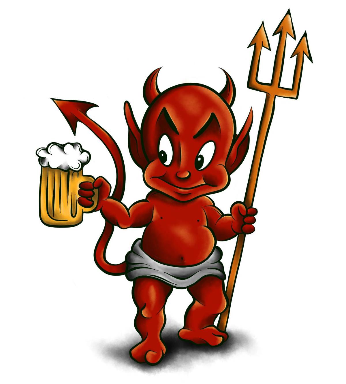 A red cartoon devil with horns and a tail holding a devil's pitchfork in one hand, and a pint of beer in the other.