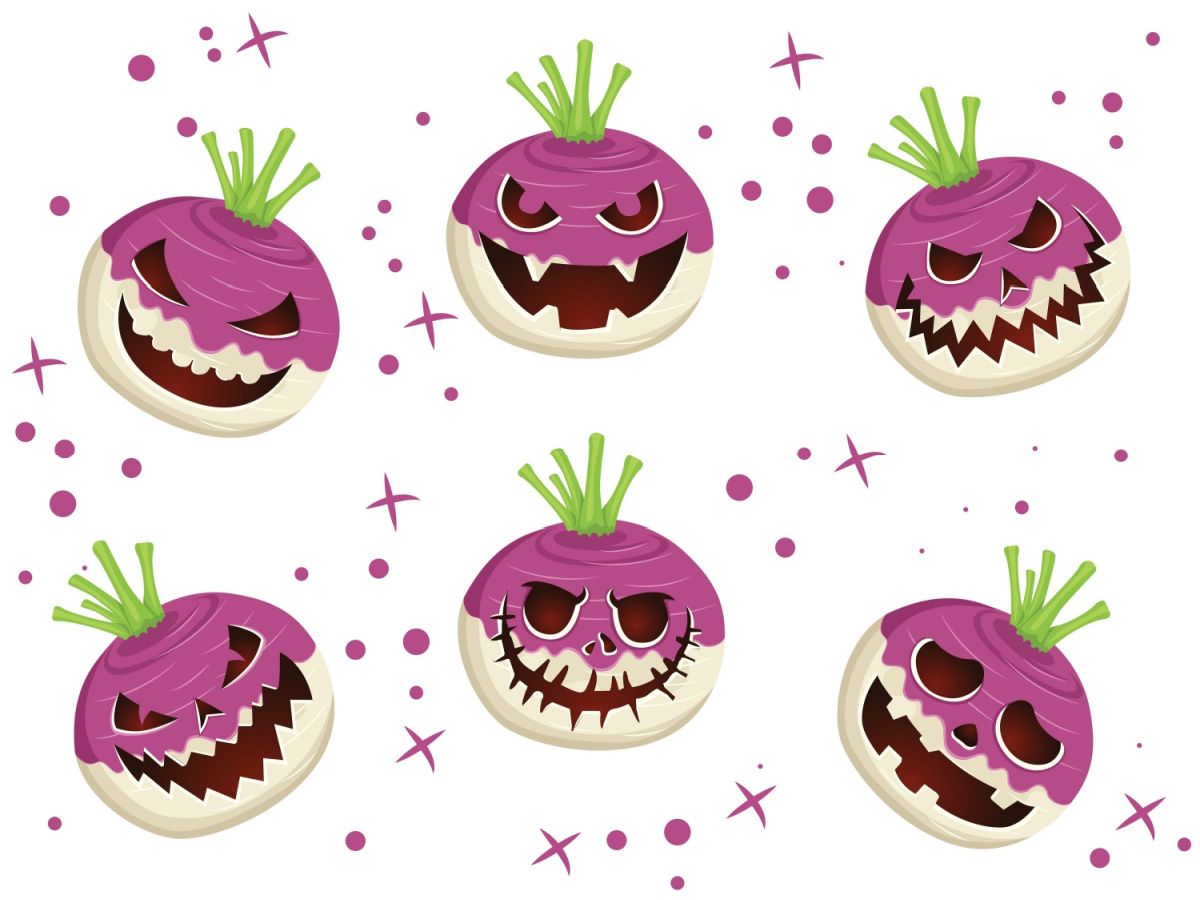Cartoon images of six carved turnips with jack o lantern faces to ward off Stingy Jack, as described in the Stingy Jack story.