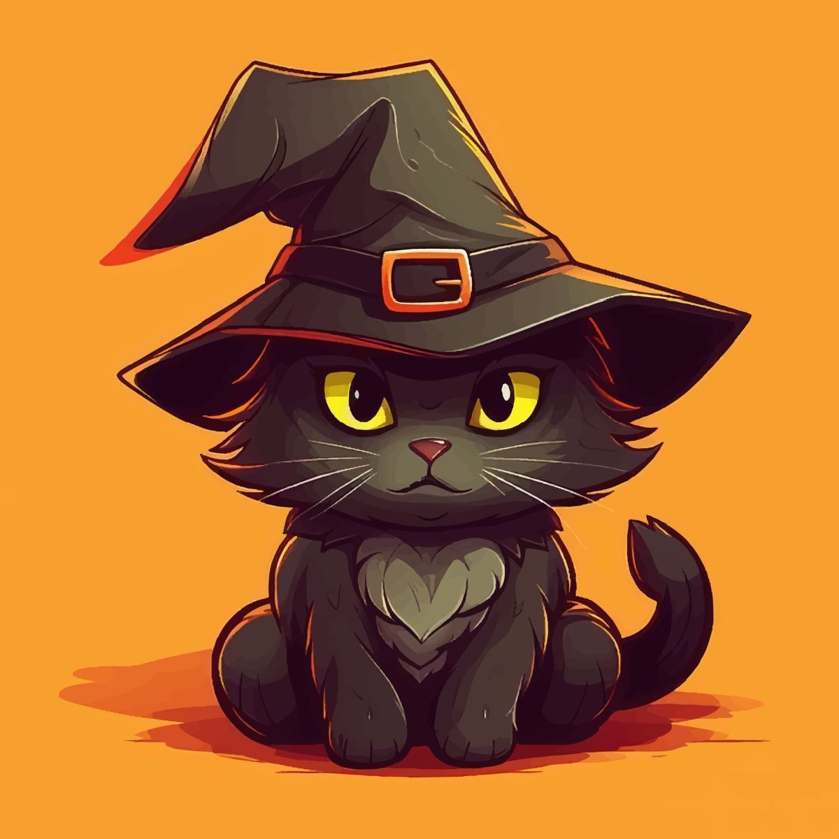 A grumpy looking black kitten, sitting against an orange background with a witches hat on his head, with an orange buckle, and the tip bent over.