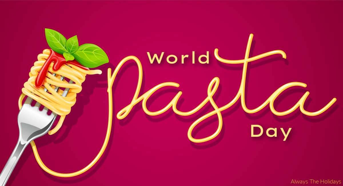 Rectangular World Pasta Day graphic A maroon background with text that reads "World Pasta Day", where the word "pasta" is spelled with a spaghetti noodle, which is hanging from a fork with a spiral of pasta on it and a little bit of basil and marinara sauce.