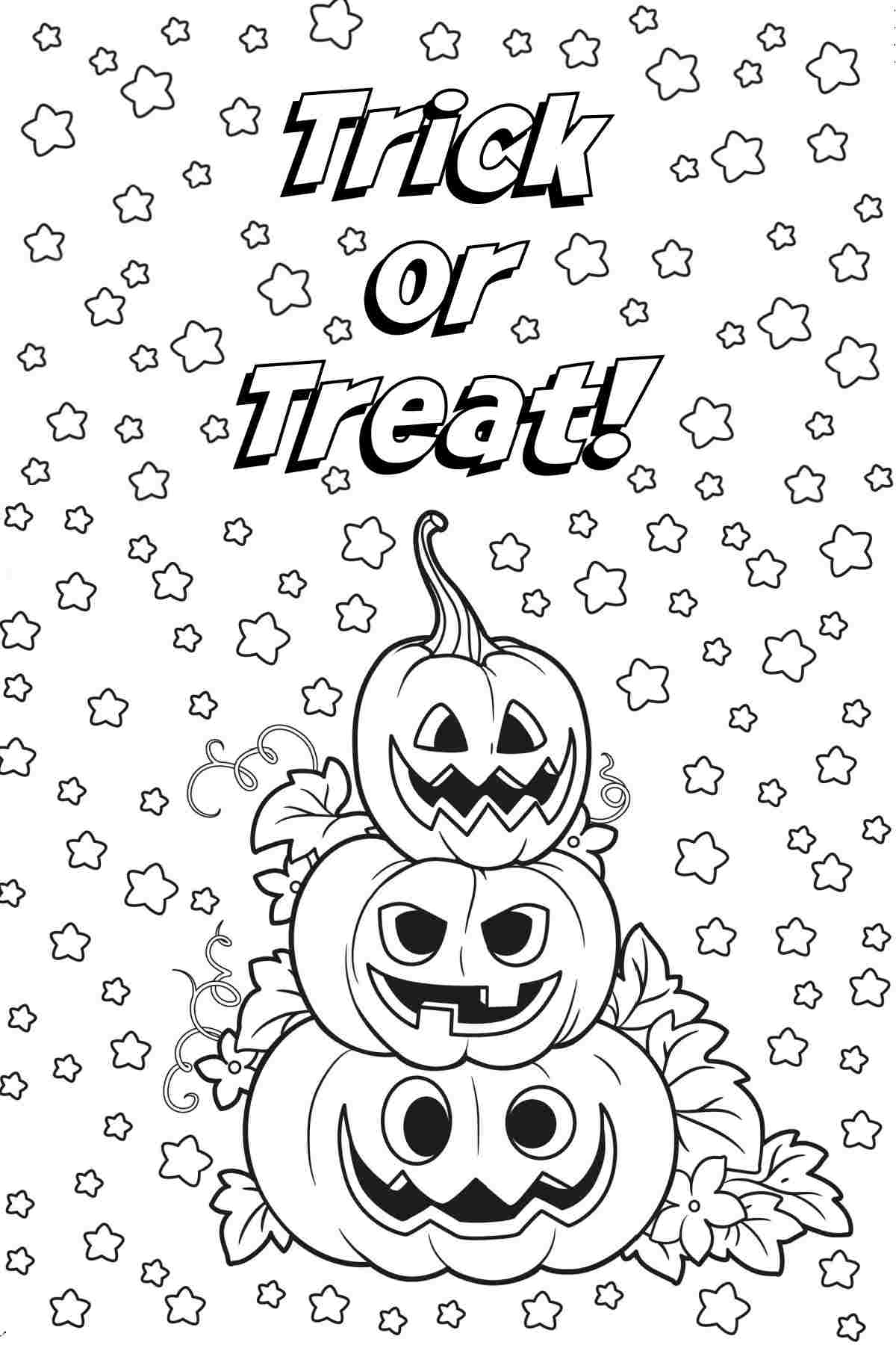 Coloring sheets for Halloween with a stack of three jack o lanterns with the words "trick or treat" above them, with the whole background of this holiday printables filled with stars.