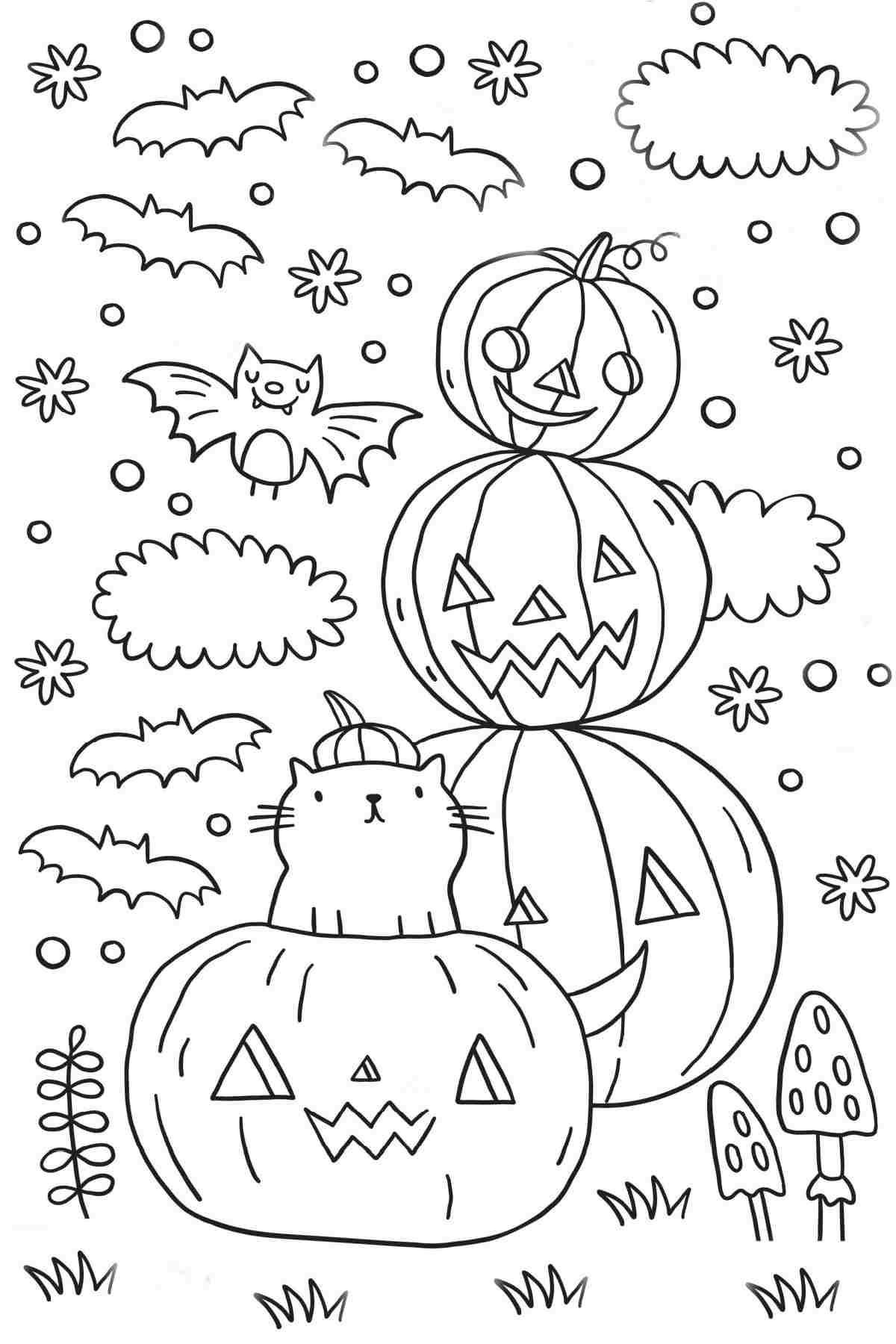 Halloween printables with a stack of three jack o lanterns in the background, and a kitten emerging from a jack o lantern in the foreground, with bats, stars and tiny circles surrounding them in the coloring sheet for Halloween.