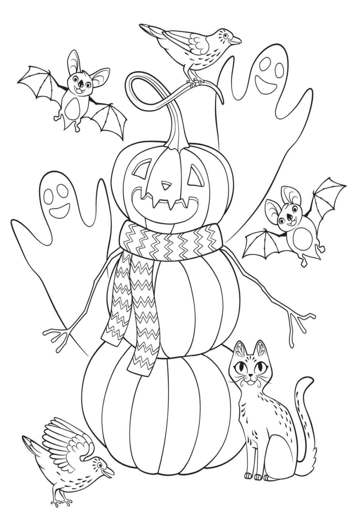 Halloween printable coloring sheets featuring a large jack o lantern snowman, made of three pumpkins, with the top pumpkin carved into a smiling jack o lantern, wearing a scarf, and with sticks for arms, also in this coloring sheets are other Halloween creatures like bats, ghosts, black cats and a crow.