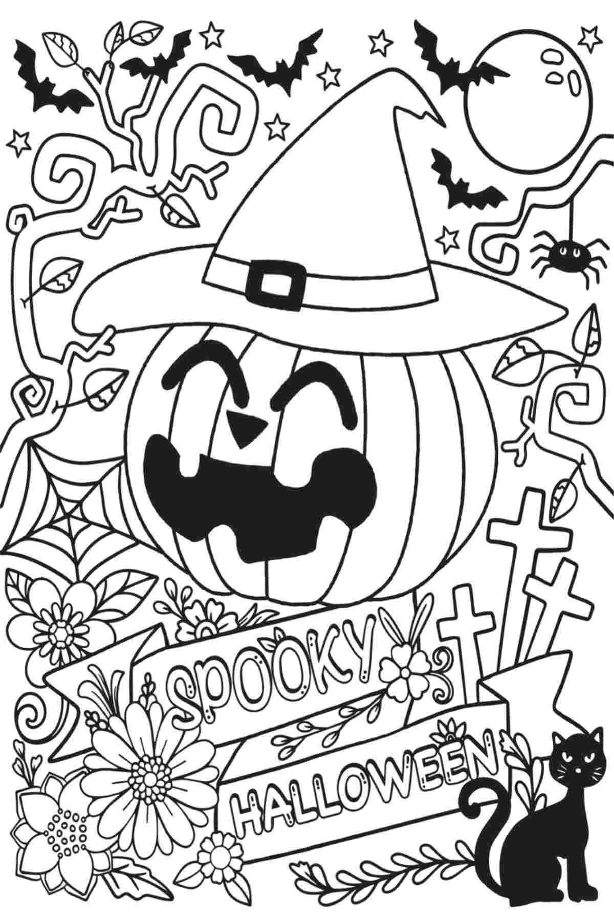 Halloween coloring pages with a large smiling jack o lantern in the center of the image wearing a witches hat, surrounded by crosses, bats, a full moon, a black cat, spiderwebs, vines and flowers, with the words "spooky" and "Halloween" also written on the bottom half of this holiday printable.