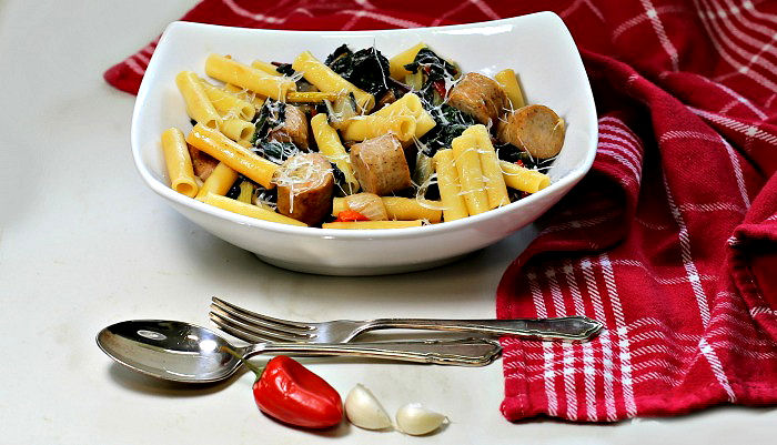 Image for Ziti Pasta with Sausages & Swiss Chard – Skillet Ziti Noodles Recipe