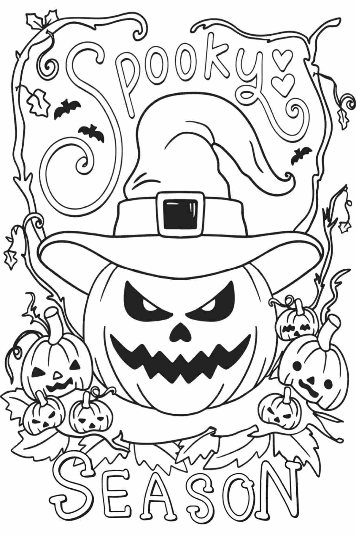 Jack o lantern coloring sheets with a big jack o lantern in the center wearing a witches hat, and baby jack o lantern at the bottom of the image, with vines surrounding all of the jack o lanterns, with the word "spooky" at the top and "season" at the bottom of the coloring sheet printable. 