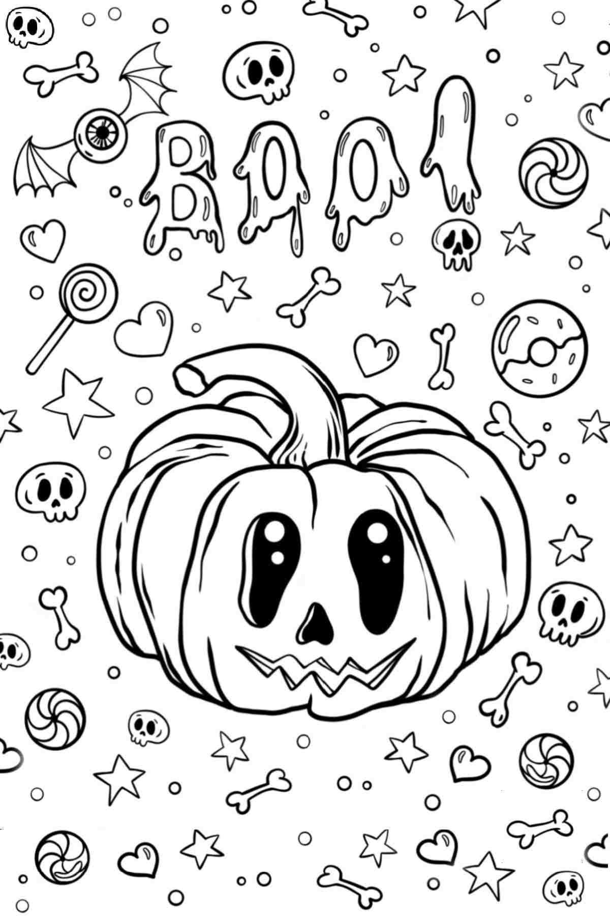 Free jack o lantern printables with a large smiling jack o lantern in the center, with the word "boo" above it in dripping font, with various symbols of Halloween surrounding it like bones, skulls, candy and bats.