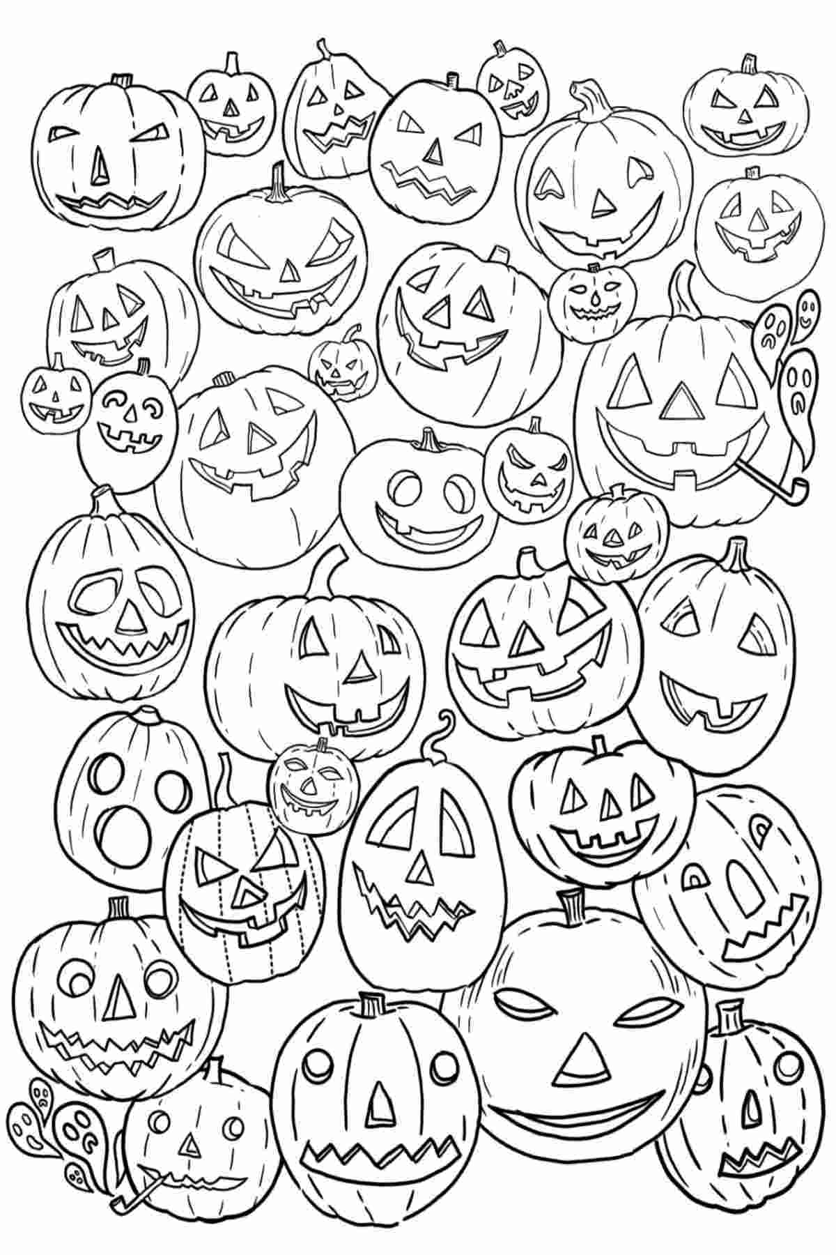 Free jack o lantern coloring pages, filled from the top to the bottom with jack o lanterns with various expressions.