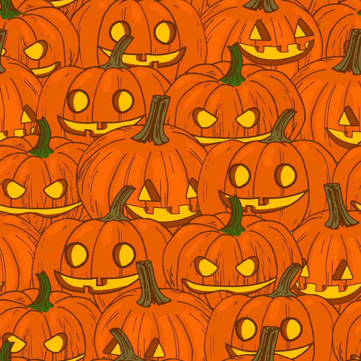 A square image completely filled with smiling jack o lanterns, each one has a slightly different expression, and they are all orange with a yellow light coming from them and and a greenish brown stem at the top.