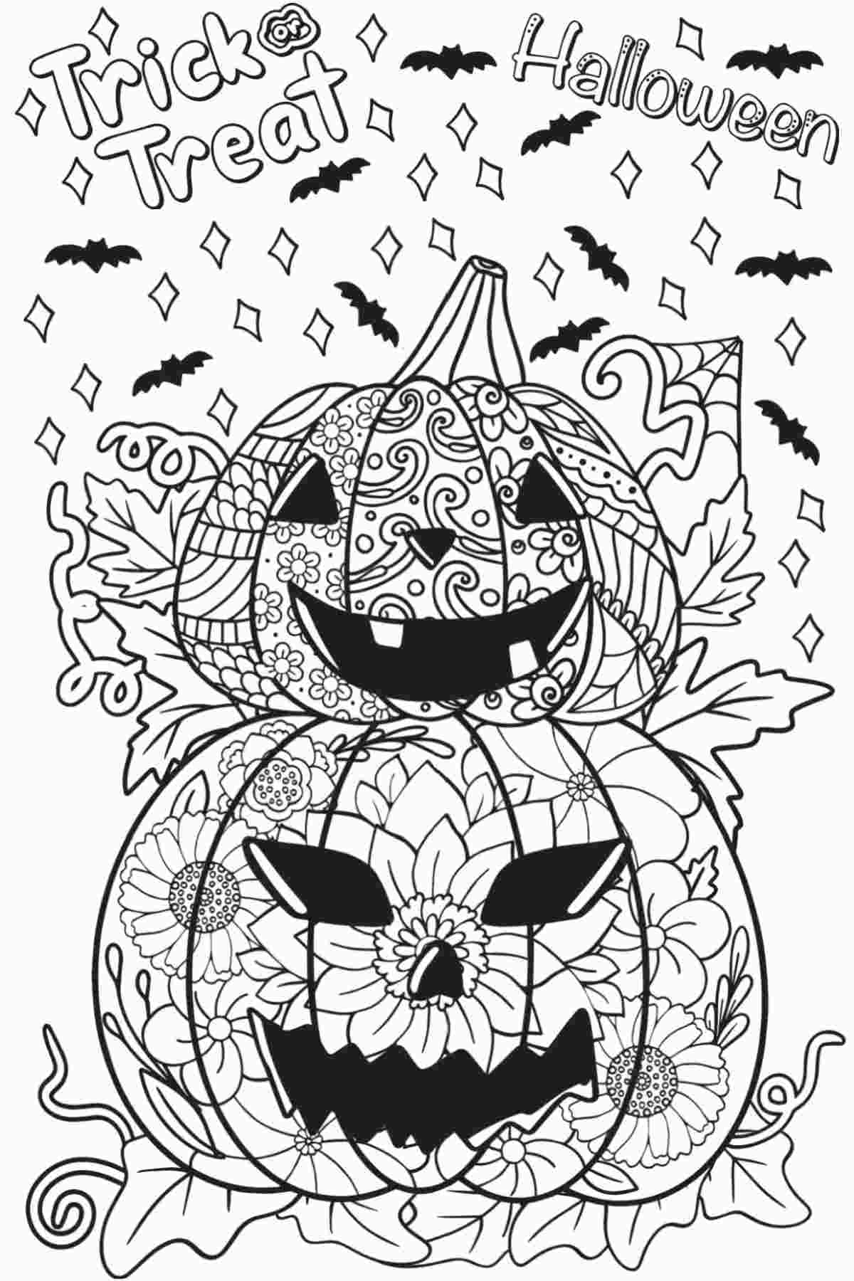 A jack o lantern printable coloring page with two pumpkins stacked on top of each other, with leaves around them, and stars and bats in the sky with the words "trick or treat" and "Halloween" above them.