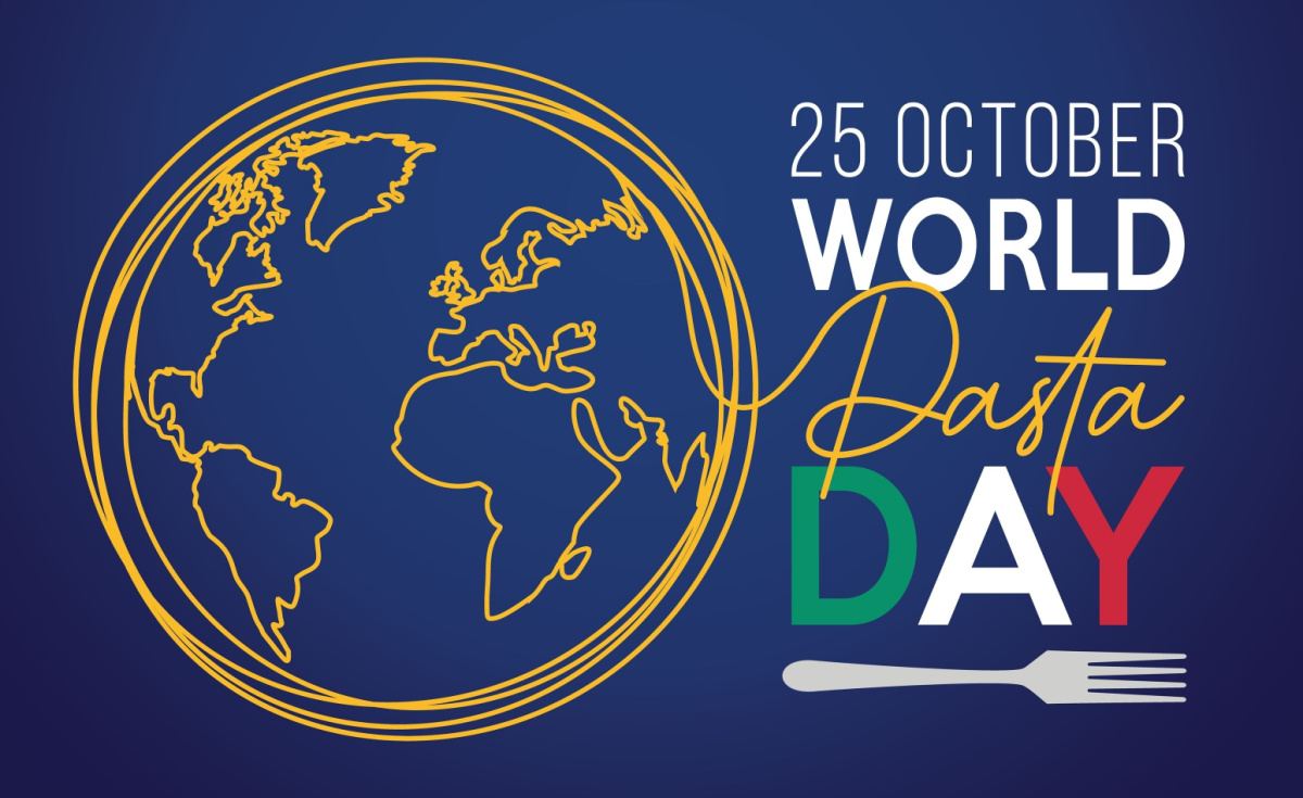 World Pasta Day graphic A blue background with a globe made of pasta on the left side, and text that reads "October 25 World Pasta Day" on the right, with a fork beneath it.