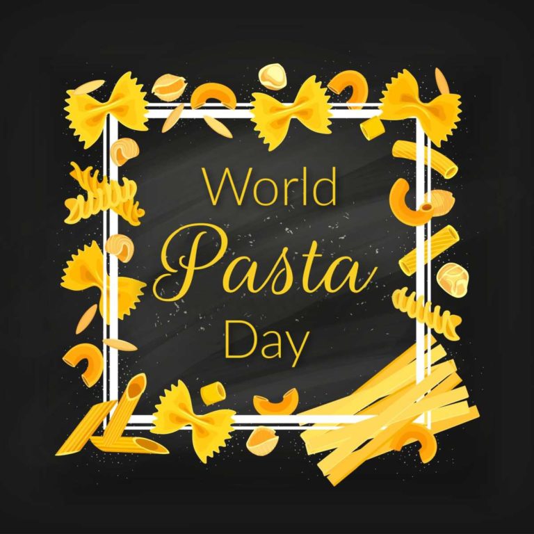 A white square on a black background with various types of pasta on top of it, and the world "World Pasta Day" in the center.