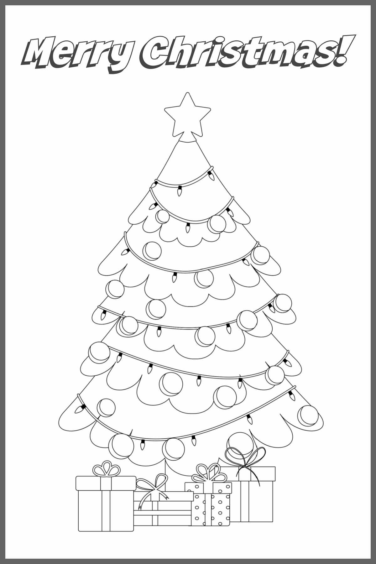 Celebrate National Christmas Lights Day on December 1 with a free Christmas lights coloring page. #ChristmasPrintable #NationalChristmasLightsDay A Christmas lights coloring page with the text "merry Christmas" at the top, with a Christmas tree, decked with lights, ornaments and a star topper, with presents under the tree, all of which are blank and able to be colored in.