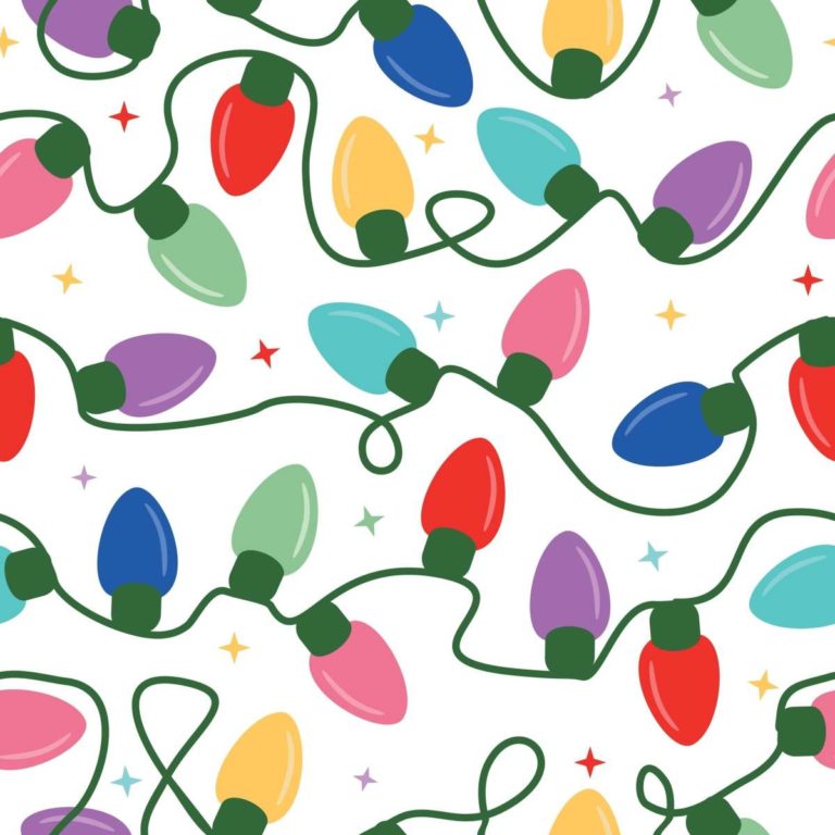 An illustrated image of a green string of multi colored Christmas lights with red, yellow, pink, purple, teal, green and dark blue bulbs on it, with sparkles in those colors in the white space in the background to celebrate National Christmas Lights Day.