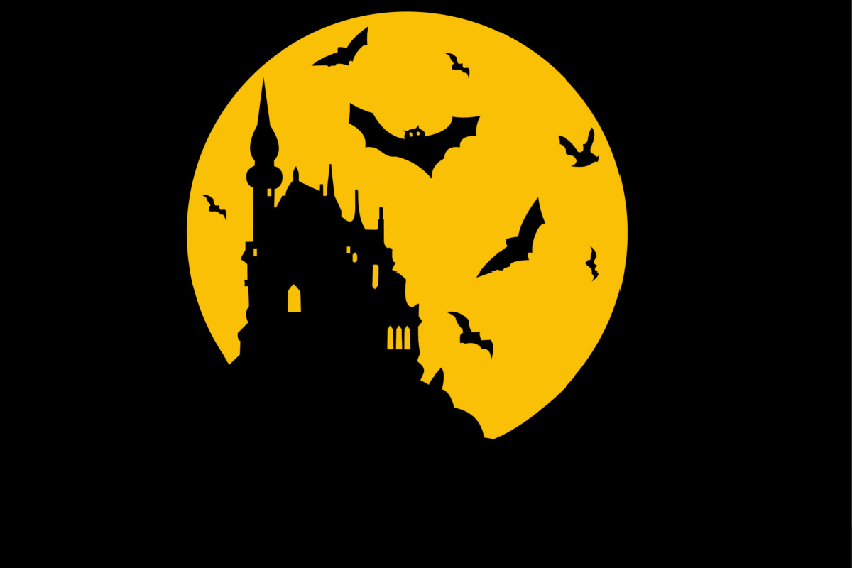 Bats flying around a castle An orange moon with the silhouette of a large castle with turrets, being surrounded by Halloween bats flying around.