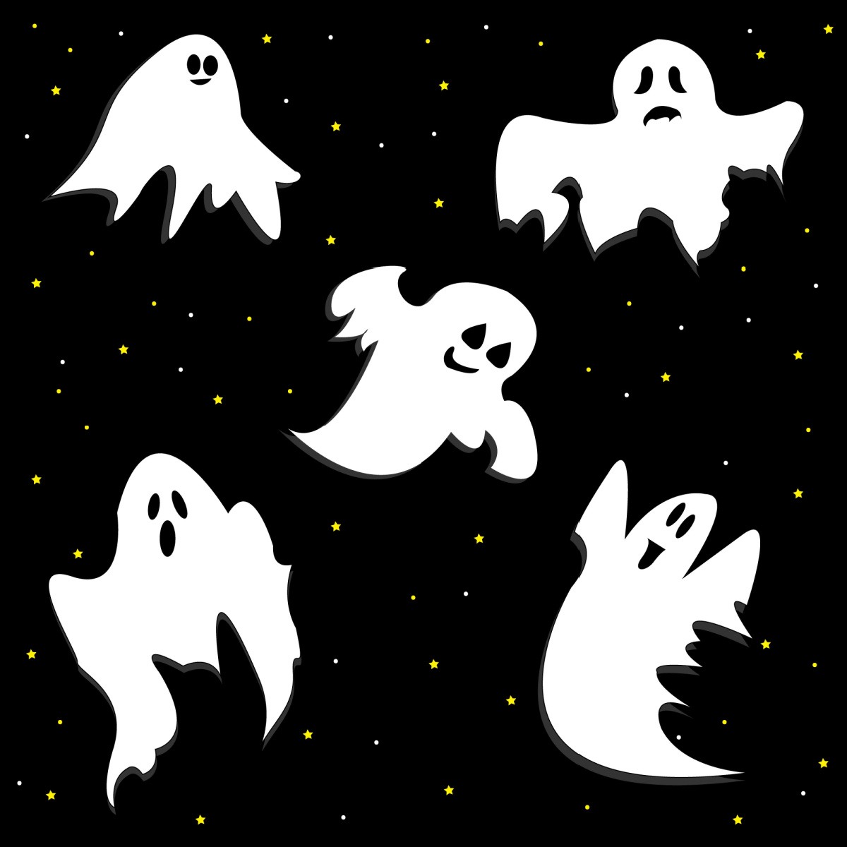 Five ghosts Five Halloween ghosts floating on a black background with small white and yellow specks around them that resemble stars.
