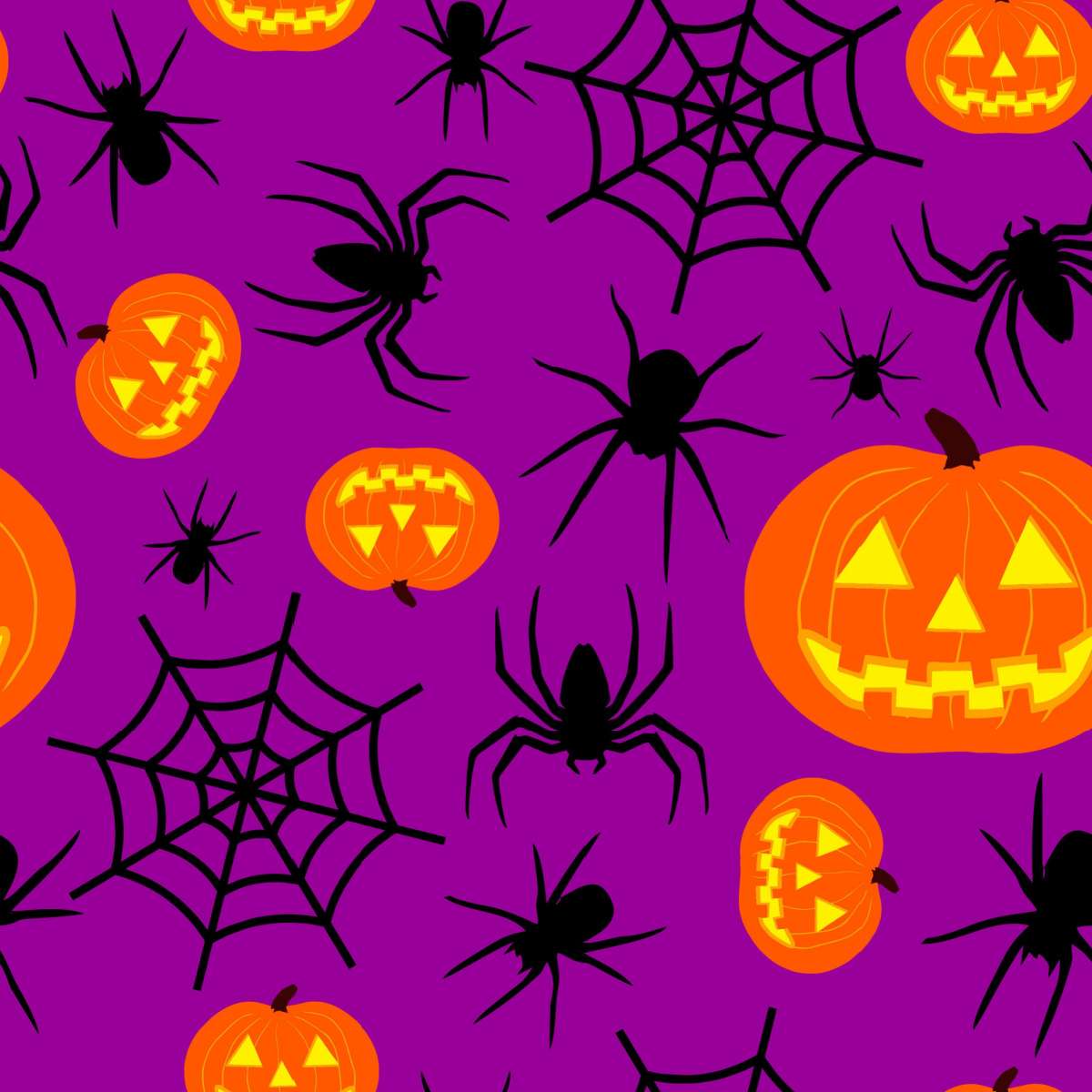 Spiders, spiderwebs and jack o lanterns A purple background with spiders, spiderwebs and jack o lanterns on it, arranged in no particular order, with some right side up, some upsidedown, and some sideways.