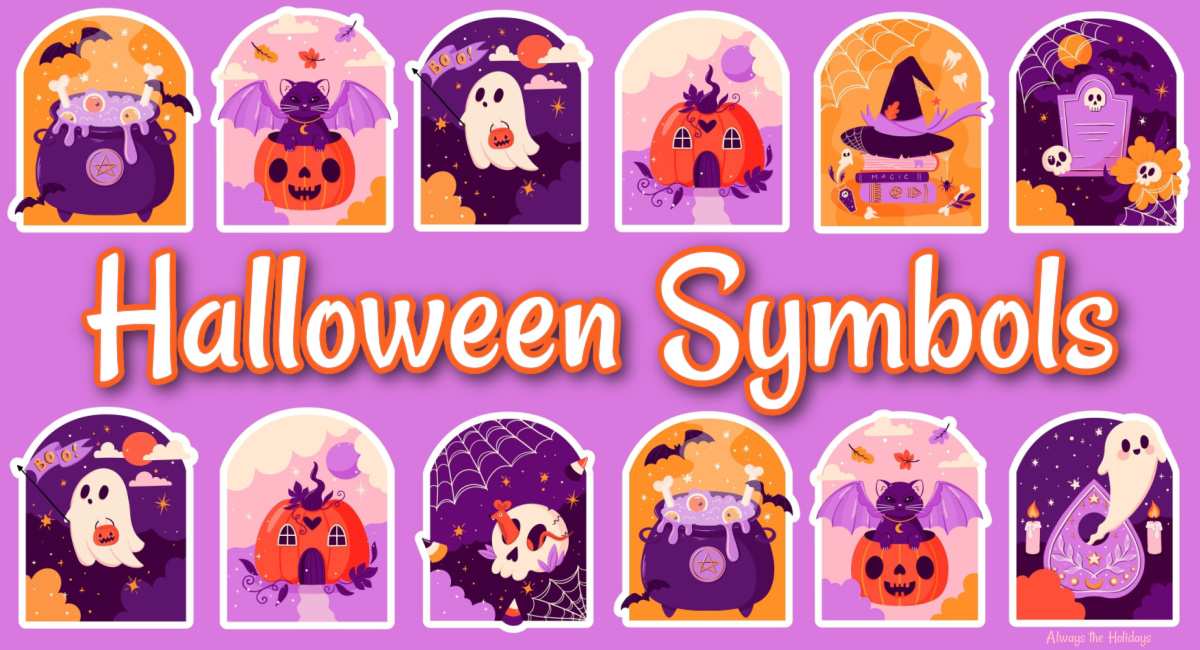 Halloween symbols graphic A purple background with 12 different windows holding various symbols of Halloween including ghosts, jack o lanterns, and skulls with the words "Halloween symbols" in the center of the images.