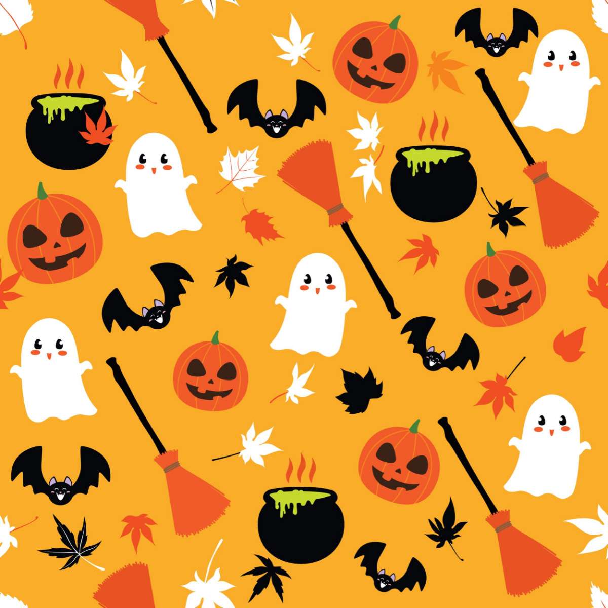 Halloween symbols on orange background Various symbols of Halloween, including ghosts, bats, and jack o lanterns on an orange background.