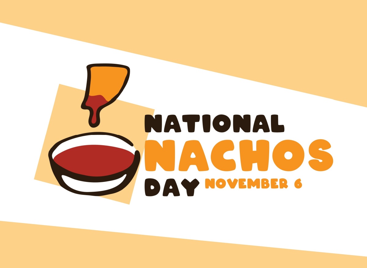 An illustration of a tortilla chip which has been dipped in red salsa on the left side of the image, with text on the right side that reads "National Nachos Day, November 6".