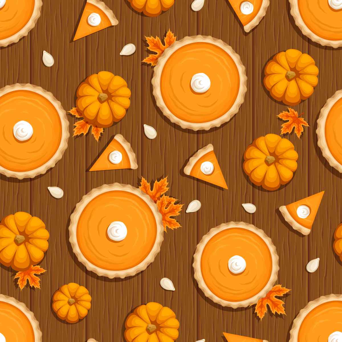 Pumpkin pie illustration An illustration of a wooden background with multiple pumpkin pies, and slices of pumpkin pie arrange on it, with mini pumpkin and orange leaves between them for National Pumpkin Pie Day.