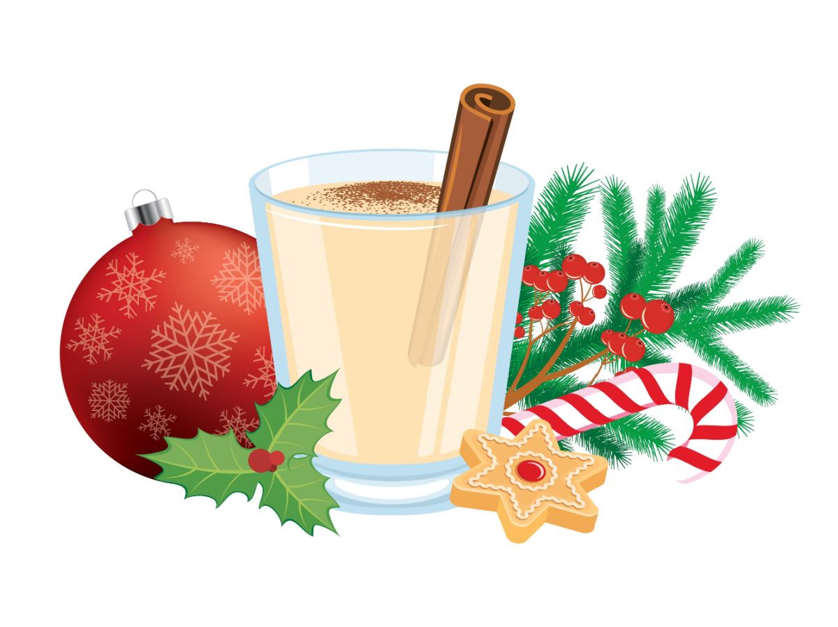 Eggnog cartoon A cartoon image of a glass of homemade eggnog with a cinnamon stick in it, between a red Christmas ornament with holly at the bottom on the left, and holly berries, pine boughs, a candy cane and sugar cookie to the right.