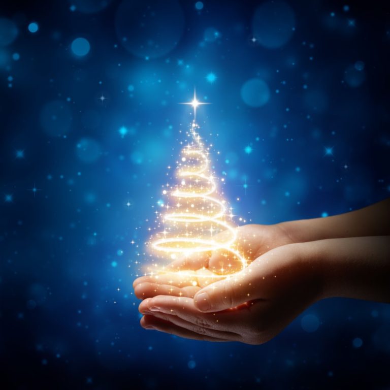 A pair of hands holding a miniature Christmas tree composed entirely of a spiral of warm white lights with a star on top, against a blue background to symbolize the invention of Christmas lights.