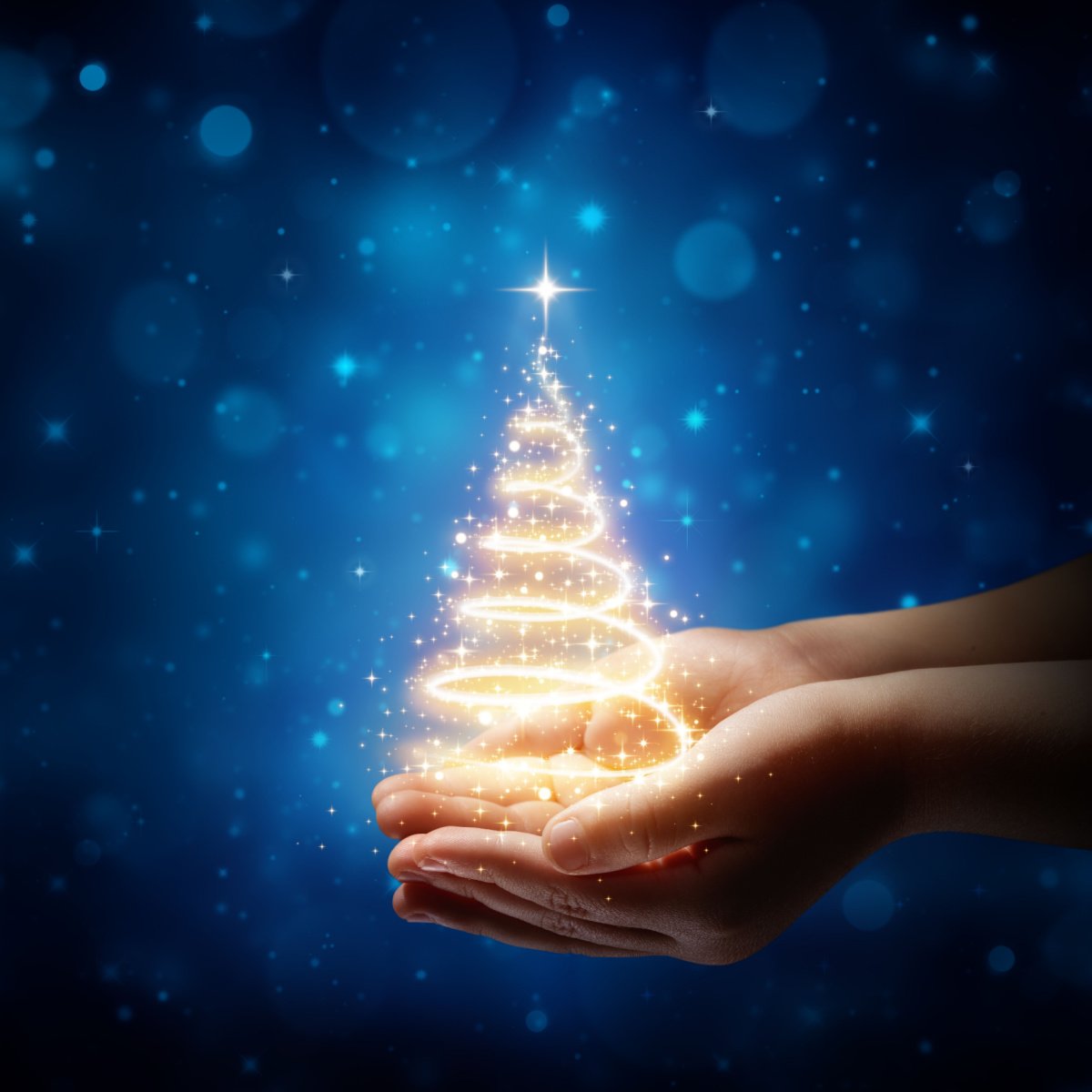 Magical Christmas tree A pair of hands holding a miniature Christmas tree composed entirely of a spiral of warm white lights with a star on top, against a blue background to symbolize the invention of Christmas lights.