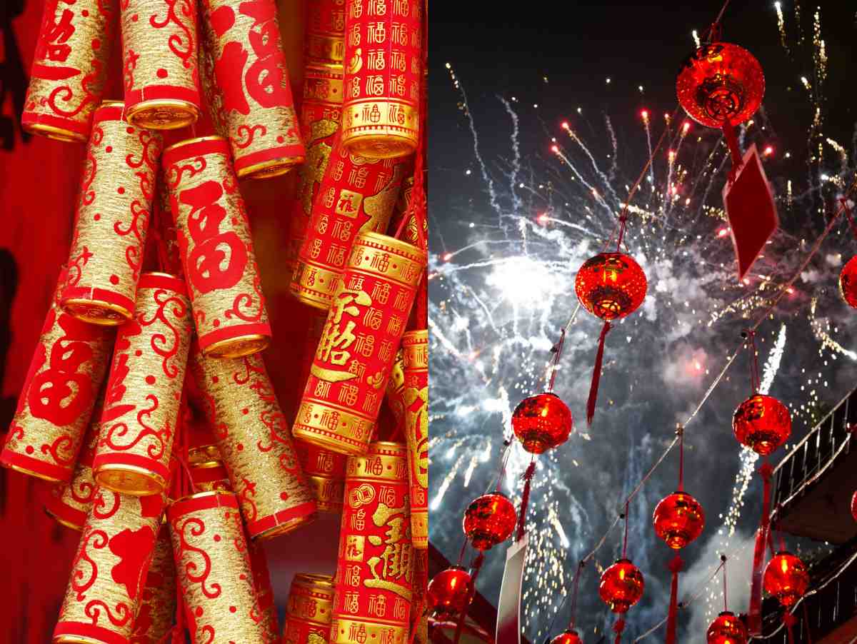 Chinese New Year firecrackers and fireworks Chinese firecrackers and fireworks side by side, to represent these two Chinese New Year symbols, the gold and red firecrackers are on the left side of the image and the fireworks are on the right side of the image.
