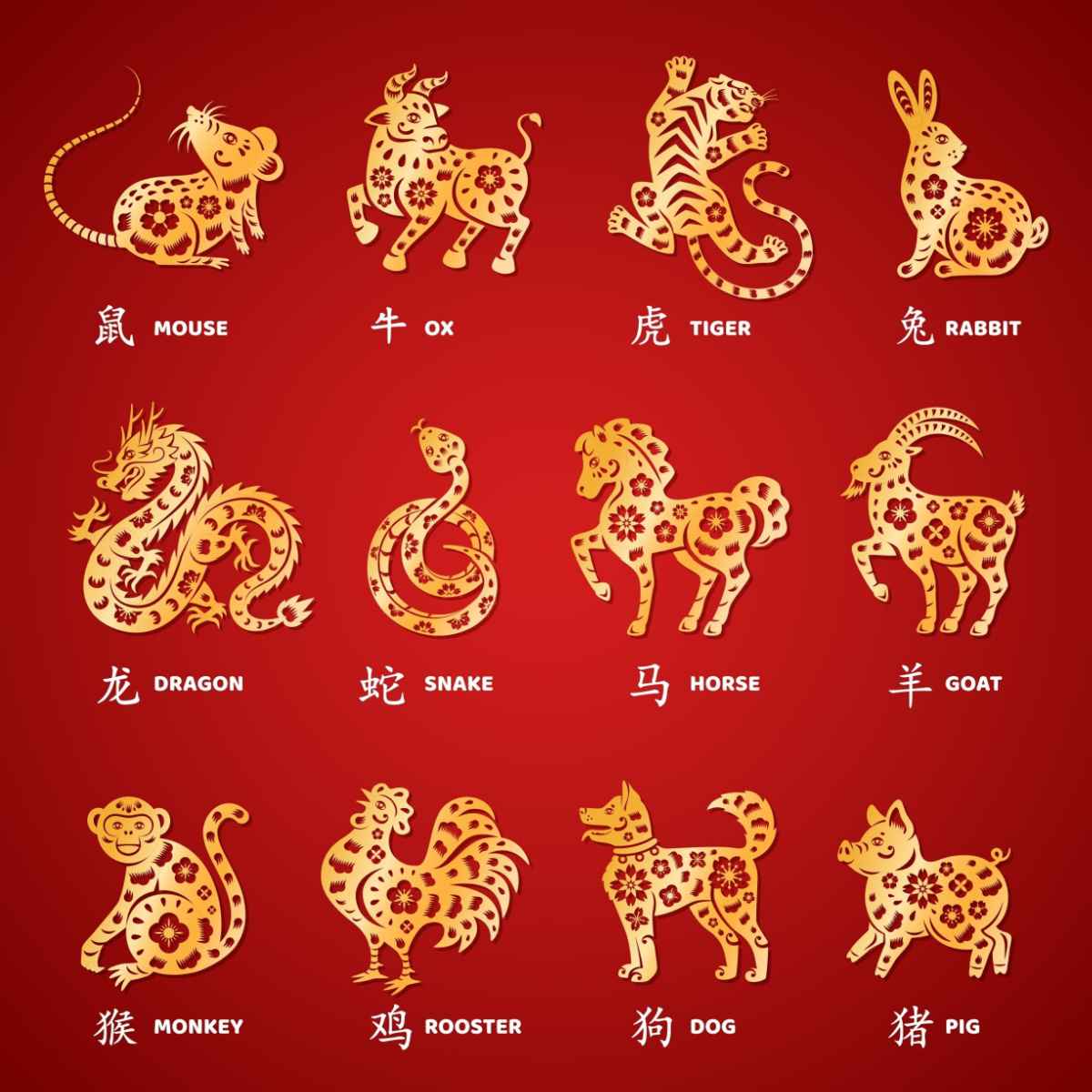Chinese Zodiac animals A red background with all twelve of the Chinese Zodiac animals on it, in three rows of four, with their names written underneath them.