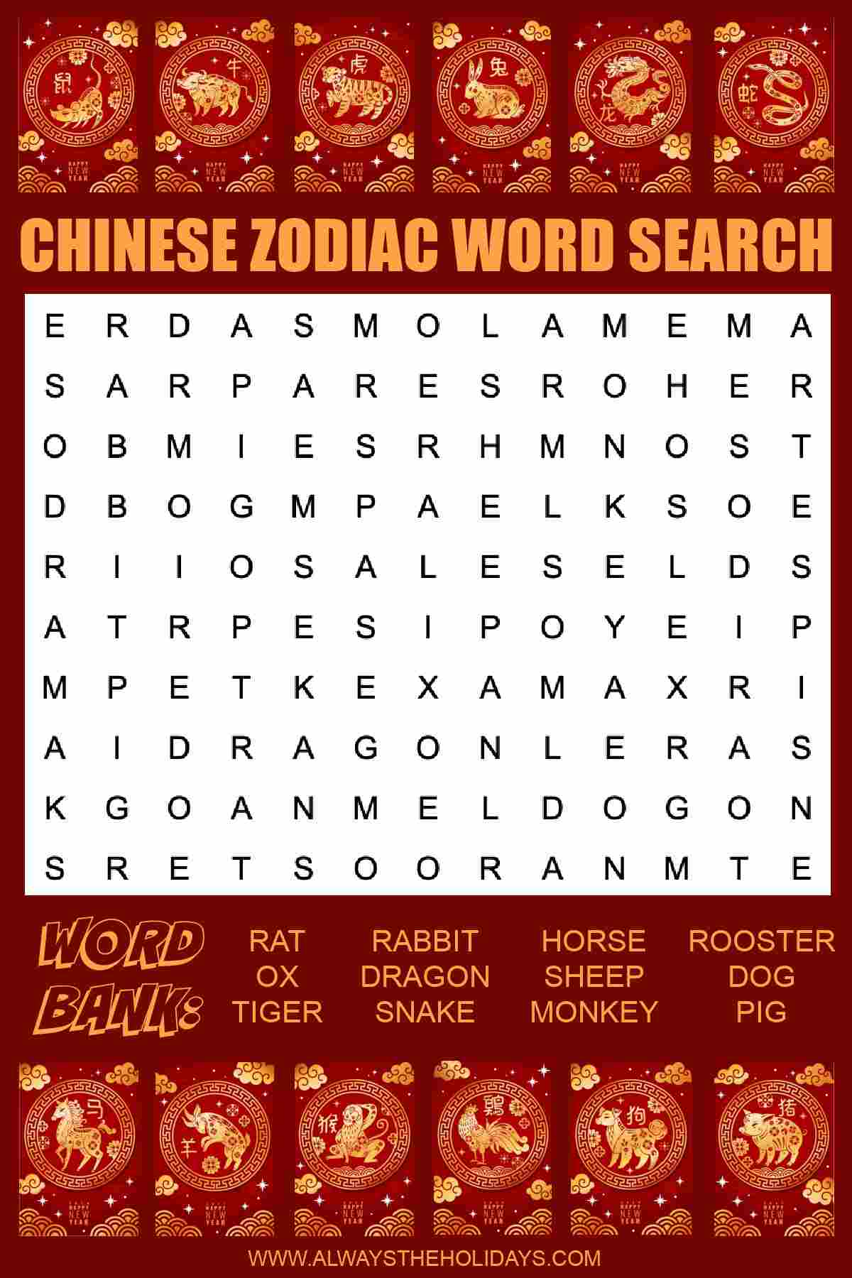 A free word find in the center of a red background, with text above it that says "Chinese Zodiac word search", and a border of the twelve Chinese Zodiac animals at the top and bottom of the image, with a word bank under the word puzzle.