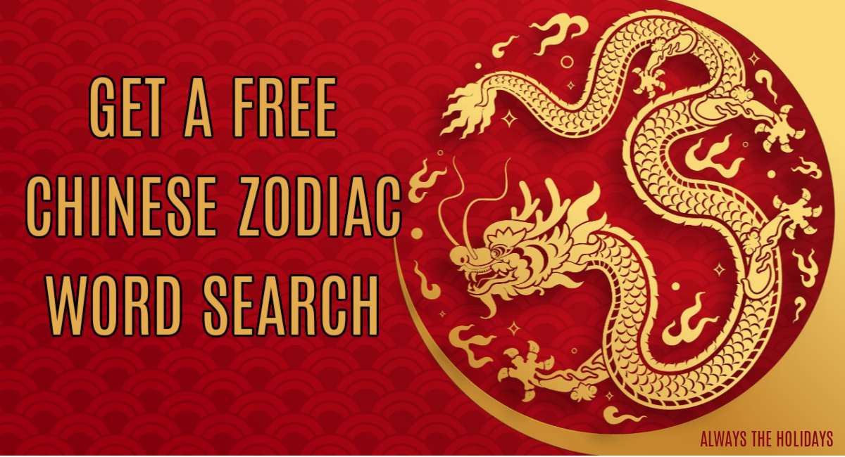Chinese Zodiac Dragon word search graphic A red patterned background with a golden dragon on the right hand side and text that reads Get a free Chinese Zodiac word search to the right of it.